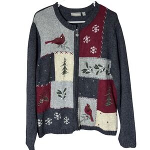 Bird Cardigan Sweater Women's XLarge Cotton Embroidered Y2K Croft & Barrow